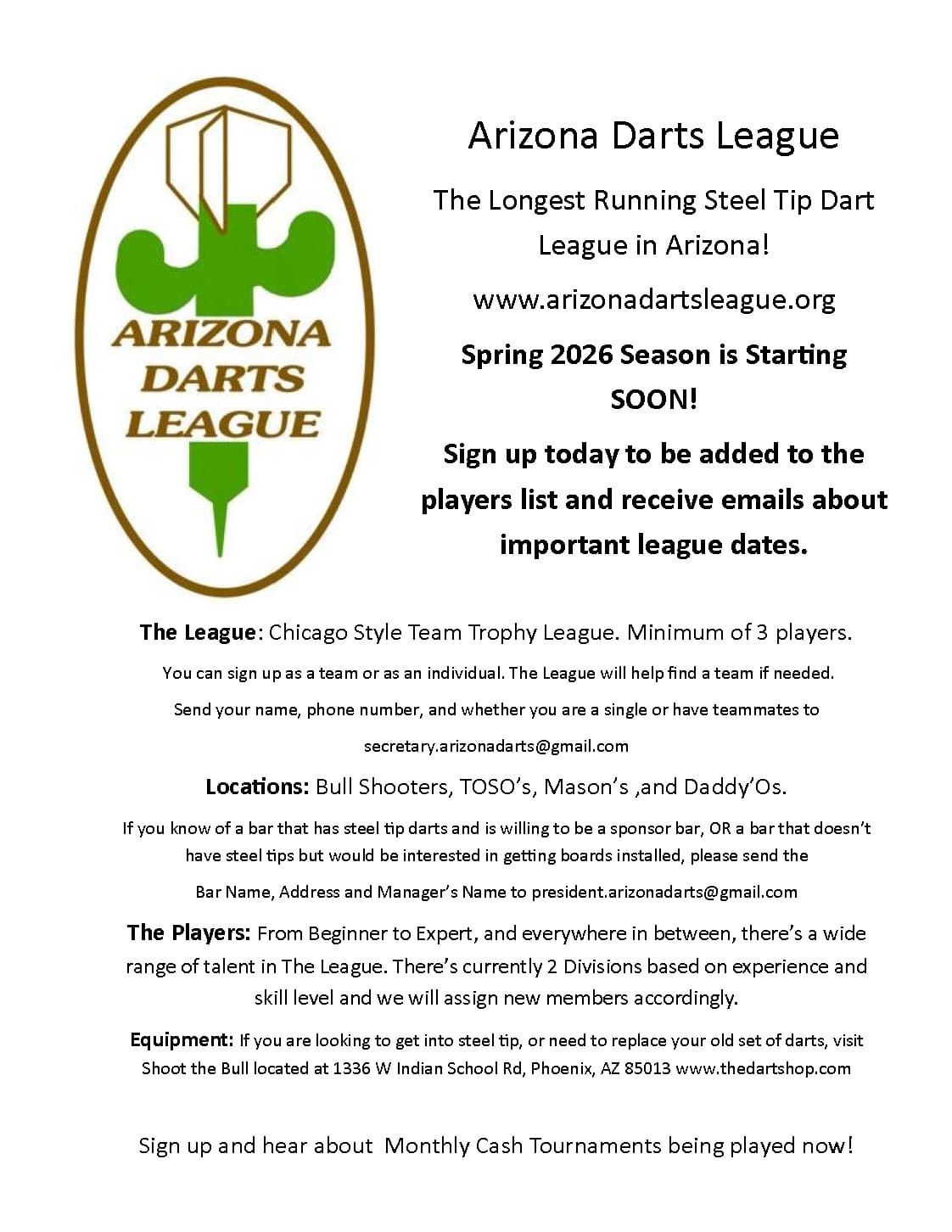 Arizona Darts League-Flyer - Spring 2026